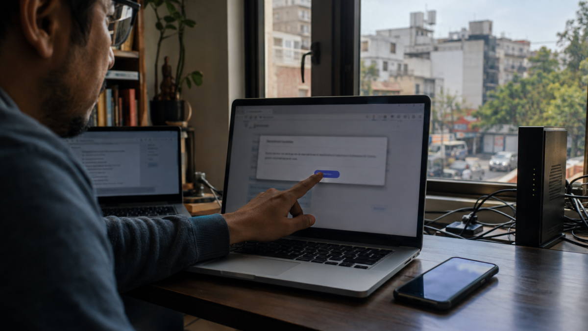 Usuario actualiza un navegador en una laptop desde un departamento urbano mexicano, con módem y teléfono sobre el escritorio.