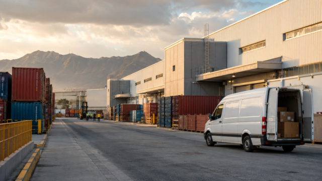 Nave de una planta industrial con contenedores y una camioneta de proveedor en un centro logístico mexicano, imagen editorial sobre inversión extranjera.