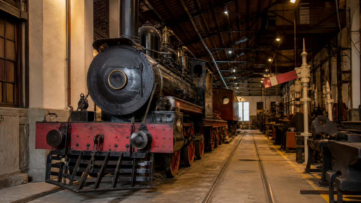 Locomotora histórica conservada en un museo ferroviario mexicano con vías y herramientas de taller