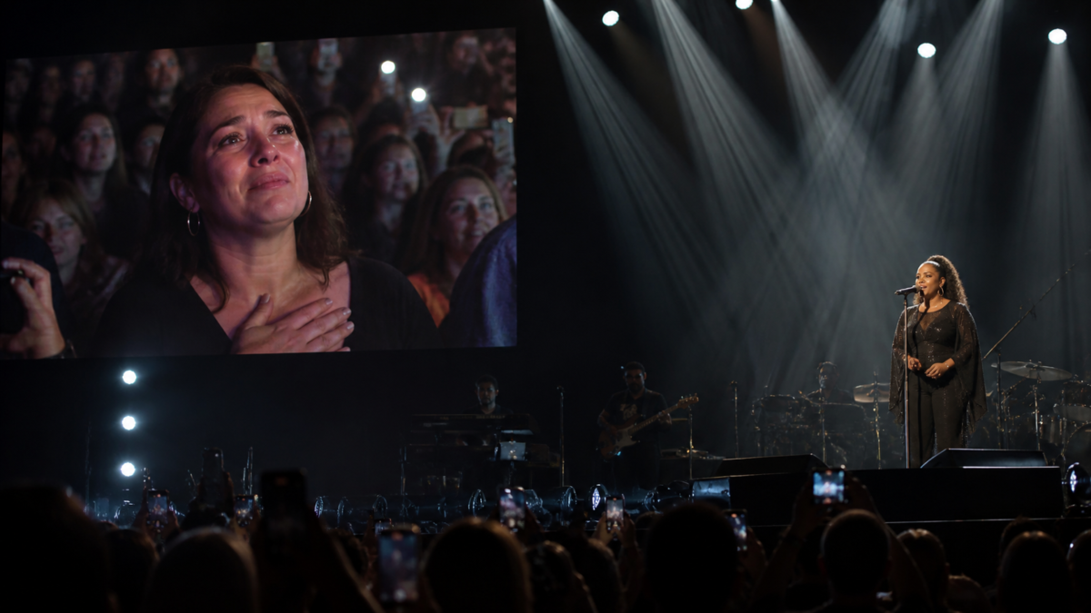 Pantalla de un auditorio mostrando a una conductora entre el público durante un concierto con luces de escenario.