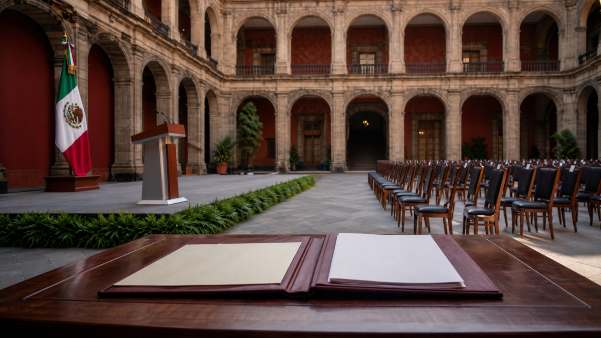 Patio de Honor de Palacio Nacional con podio y bandera de México durante un informe presidencial